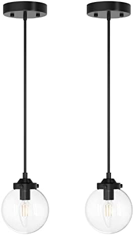 Ralbay Industrial Black Glass Pendant Lights Industrial Kitchen Island Lighting Fixtures with Clear Globe Glass (2 Pack, Exclude Bulb)