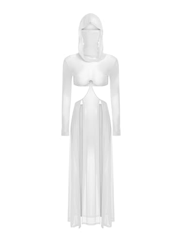 HULIJA Women Hooded Maxi Dress Sexy Sheer Mesh Cut Out High Slit Party Dress Cover Up Holiday Beachwear White S - Image 3