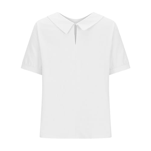 Peter Pan Collar Shirts for Women Short Sleeve Cotton Linen Blouse Summer Casual Plain Tunic Tops Teen Girls T Shirts4