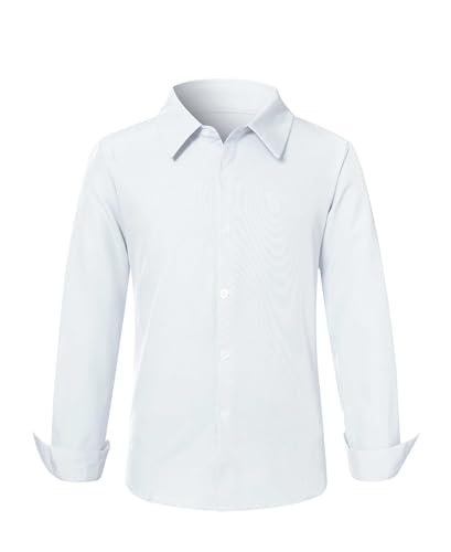 Loveternal Boy School Uniforms Button-Down Lapel Collar Classic School Shirts Boy's Long Sleeve Solid Tops Graduation Shirts White 15-16 Year