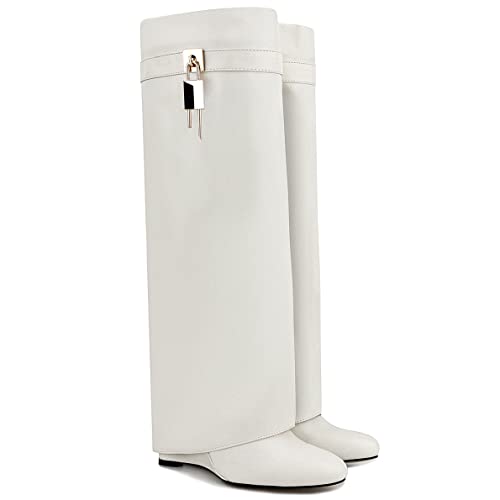 Image of Fold Over Boots for Women Pointy Pull-on Wedge Heel Knee Shark Boot With Side Zipper Padlock Design