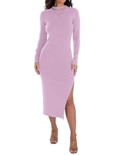 Image of ZESICA Womens Fall Slit Knit Long Sleeve Bodycon Sweater Dress