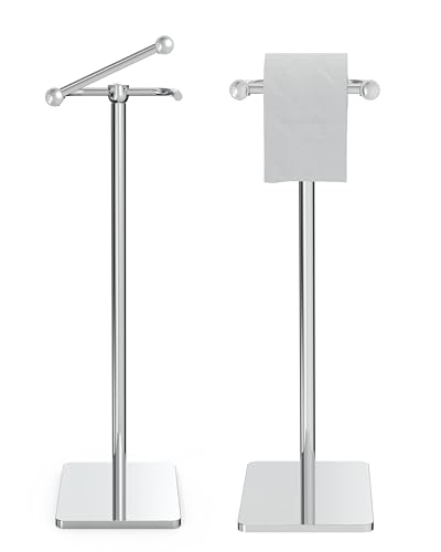 WZRUA Toilet Roll Holder Stand, Bathroom Toilet Paper Roll Holder Free Standing, Toilet Tissue Holder Stand with Post Pivoting Design, Stable Weighted Base, SUS304 Stainless Steel (Chrome）
