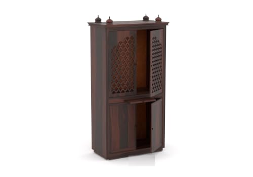 Image of Solid Sheesham Wood Temple for Home & Office /Mandir /God Stand /Pooja Stand /Home Mandap /Mandapam with Cabinet Doors & Multiple Storage (Walnut-2, Large)