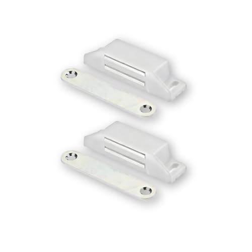 2 Chiusure Magnetiche per Ante - Magneti per Armadi, Cassetti, Porte, Camper, Barche - Ferma Porta Magnetico - Calamita Ferma Cassetto - Forza di Tenuta 8 Kg - Set da 2 con Viti (Rettangolare-Bianco)