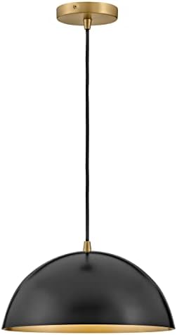 Lark Lou 83307BK Domed Pendant Light, Customize Cord-Hung Height, Lacquered Brass-Finished Inner Shade, Black and Lacquered Brass