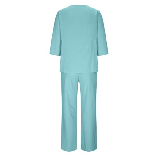Womens 3/4 Sleeve Cotton Linen Set Summer Casual Wide Leg Pants Suits Loose Solid Two Piece Outfits Trendy Matching Sets3