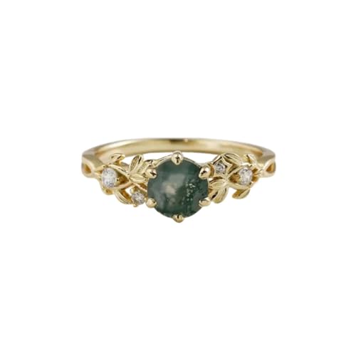 Natural Moss Agate Ring 14K Gold Plated 925 Sterling Silver Leaf Gemstone Promise Ring for Her Birthday Engagement Anniversary Jewelry for Women