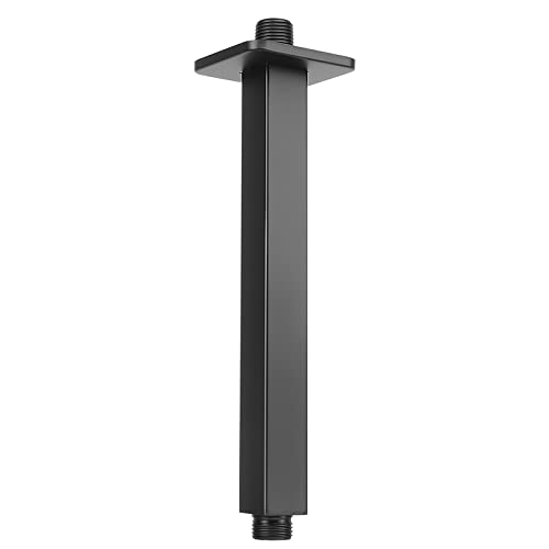 Image of Ceiling Mounted Shower Arm, Rain Shower Square Extension Arm with Flange and Teflon Tape Stainless Steel Ceiling Mount Shower Extender (8 Inch, Matte Black)