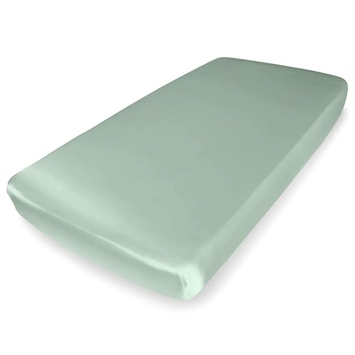 Image of Mulberry Park Fitted Silk Crib Sheet - Grade 6A Pure 19 Momme Toddler Bedding - Gentle on Baby's Delicate Skin, Helps with Bald Spot, Eczema, Dry Skin & Cradle Cap - 28" x 52" / Goodnight Green