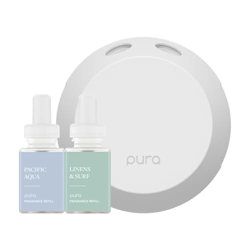 Pura Smart Home Fragrance Device Starter Set - Pura 4 - Scent Diffuser for Home - Includes Fragrance Aroma Diffuser - Square Box, Pacific Aqua and Linens & Surf Scent Refills
