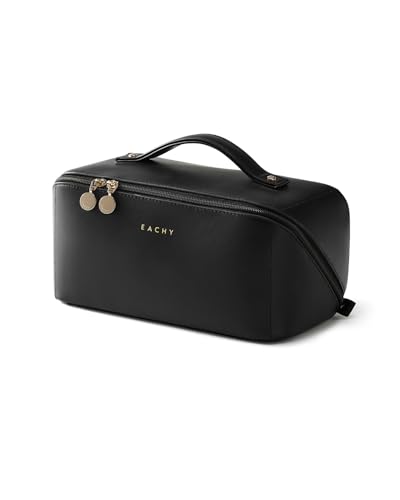 Image of EACHY Travel Makeup Bag, Large Capacity Cosmetic Bag for Women, Waterproof PU Leather, Flat Open Portable Toiletry Bag for Skincare, Brushes & Travel Essentials