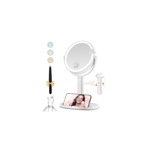MOMOKUBA Makeup Mirror with Lights, 30X Magnifying Mirrors, Height Adjustable, Vanity Mirror with Lights Rechargeable 3 Color Modes, Double-Sided Detachable Travel Mirrors, Gift for Women, White/30X