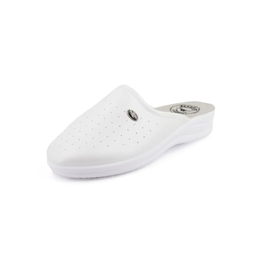 JOMIX Zuecos Mujer Sanitarios Trabajo Hospital Cocina Fabricadas en Italia Zapatillas Ortopédicas Mujer Zuecos Piel Mujer con Cuña, Blanco, 41 EU