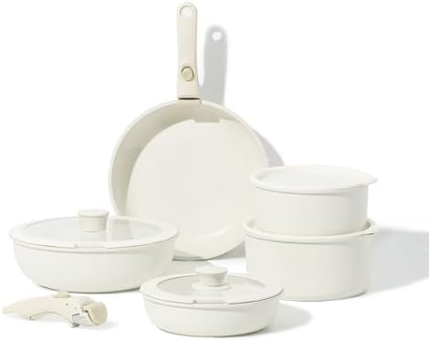 CAROTE 11pcs Pots and Pans Set, Nonstick Cookware Sets Detachable Handle, Induction Kitchen Cookware Set Non Stick with Removable Handle, RV Cookware Set, Oven Safe, Cream White