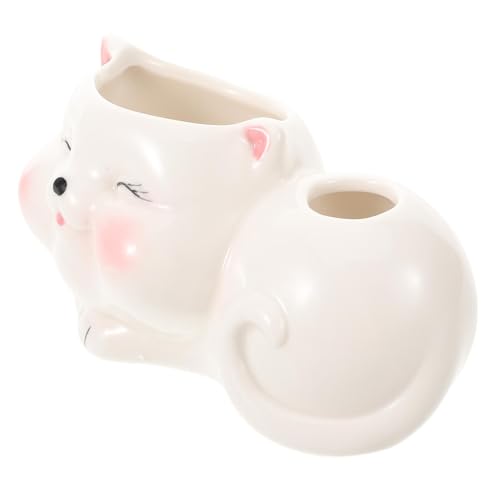LOLIPPYY Portaspazzolino da Bagno in Ceramica Bianca a Forma di Gatto Kawaii, Porta Spazzolino e Dentifricio Cartoon Base Antiscivolo, Organizer Compatto per Ripiano e Portapenne Decorativo