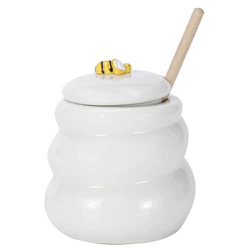 PRETYZOOM Honey Container with Wooden Dipper, 400ml Honey Pot with Dipper, Porcelain Honey Jar Honey Dispenser Bee Honey Container Set for Kitchen