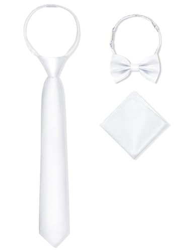 MagicSite Boys White Tie Pre-tied Zipper Tie Kids Elastic Strap Bowtie and Pocket Square 3-piece For Age 14-16 Years With Gift Box