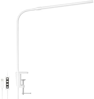 Lepro Light Desk Lamp w/ Clamp, LED, Eye-Friendly, Warm Light/White Light/Daylight, 10 Brightness Levels, 5W Energy-Saving, Ra80 Rendering, 360° Adjustable, USB-Powered, 59.1 in (1.5 m) Cable, White