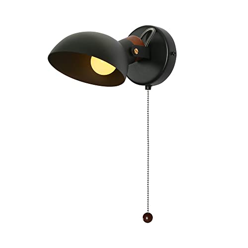 Aisilan Led Wall Sconce With Pull Chain, 5W E12 Bulb Adjustable Matte Black Wooden Retro Wall Lamp, Indoor Metal Wall Mounted Wall Light, 110V Warm White 3000K, For Bedroom Lounge Living Room #TOP5