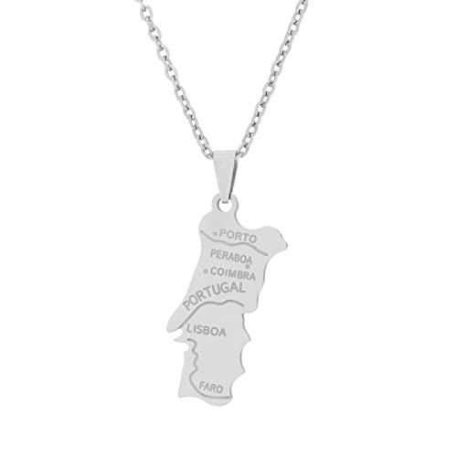 Portugal Carte Pendentif Colliers - Motif Ethnique Drapeau Région Portugal Cartes Clavicule Chaîne Colliers Charme Hip Hop Bijoux À La Mode pour Femmes Hommes Chandail Chaîne, Argent, 50 cm