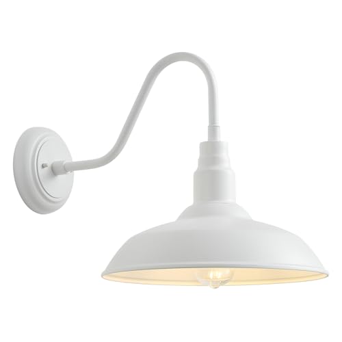 Image of 14 Inch Dome Outdoor Gooseneck Barn Light Fixture for Farmhouse, White Exterior Goose Neck Wall Mount Lights for Porch, Barn Style Wall Sconce Lighting for Patio, Garage
