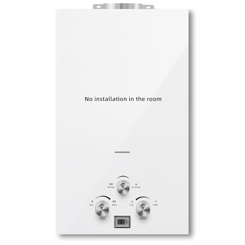 Furvveerr Calentador de Agua Butano de Gas de 10L,Calentador de Agua Portátil de 20KW,Calentador Gas 10L / min,con Modos de Invierno y Verano,para Baño/Cocina/Autocaravana/Camping (10, Litros)