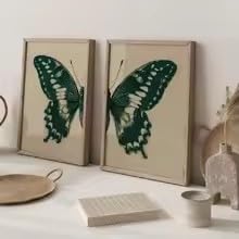 MAIMANG 2 lienzos pintados, 2 pósteres retro para decoración de pared, pósteres de estilo retro, así como mariposas verdes y beige (40x60cmx2/marco interno)