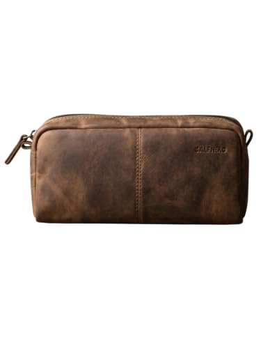 Image of Calfnero Genuine Leather Toiletry Bag for Men & Women | Premium Leather Travel-Pouch | Toiletry Organizer | Cosmetic & Shaving Kit Bag | Unisex Travel Dopp Kit (Hunter)
