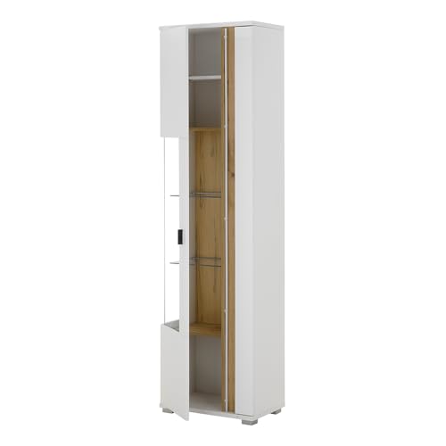 Lomadox Wohnwand Set 5-teilig Wohnzimmermöbel weiß mit Eiche Modern 1 Vitrine, 1 Hochschrank, 1 Lowboard,1 Wandboard, 1 Sideboard inkl LED Beleuchtung – Bild 4