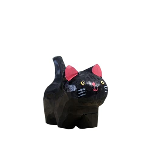 Image of TALKLEK Handmade Cute Wooden Cat Figurines Sculpture Statue Lovely Cat Statue Wood Kitten Art Carving Work for Home Office Decoration (Black, L: 2.95" x W: 1.57" x H: 2.55")