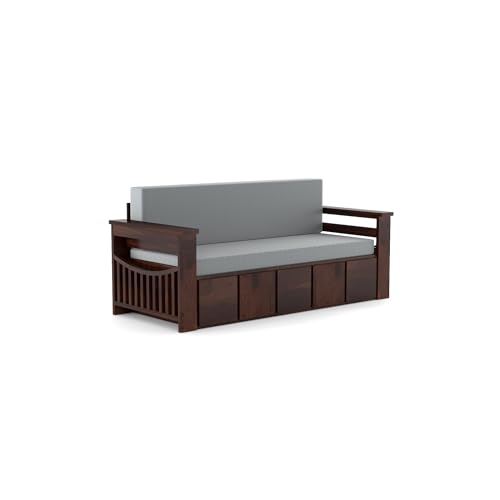 Image of Kunjal Furniture Solid Sheesham Wood Sofa Cum Bed with Storage for Living Room | Natural Finish | 3-Seater Convertible Sofa Bed | Handmade Wooden Furniture (Walnut, Contemporary)