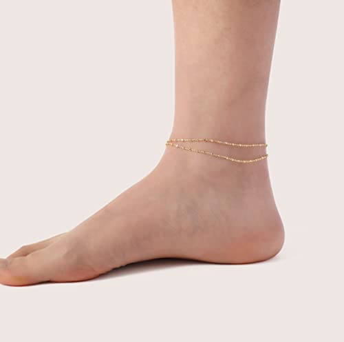 Jecomy Dainty Anklet For Women 14K Gold Plated Anklets Waterproof Ankle Bracelets Layered Square Dot Chain Anklet Summer Beach Jewelry Gift For Teen Girls #TOP2