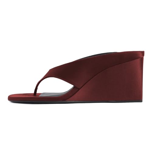 Wansseny Women Unique Wedge High Heel Flip Flops Slip on Open Toe Mules Fashion Party Club Dating Thong Sandals Size 15 Deep Red