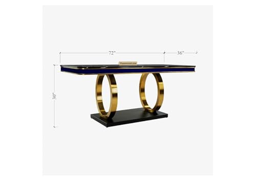 Image of 6-Seater Dining Table with Nano Composite Marble Top and PVC Golden Wooden Base |2yr Warranty - Includes 6 Fabric Upholstered Chairs (Blue)