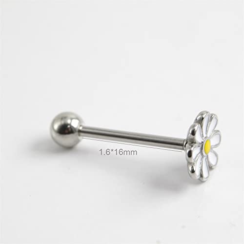 Izpack Daisy Flower Tongue Rings 361L Surgical Stainless Steel Floral Screw Back Ball Body Piercing Barbell Helix Studs Cute 5/8" Bar Length Jewelry Gifts For Women Girls Men Unisex 14G #TOP2