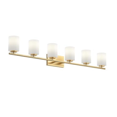 Image of Progress Lighting Replay 48 Inch 6-Light Vanity Light, Transitional, Brushed Gold with Etched Glass Shades, (7.875 inch H x 48 inch W x 6 inch D), P300385-191