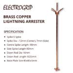 Image of Brass Copper Lightning Arrester 5 /8' diameter and 1 m in length with 5 spikes and base plate 9x9 cm for Home and Building Protection Radius Coverage 3 m