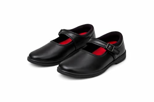 Image of Girls School Shoes, Black Leather, Adjustable Buckle Strap, Anti-Slip Sole, Cushioned Footbed