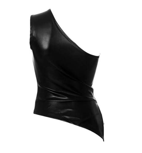 Women's One Shoulder Sleeveless Leather Tank Tops with Zipper Pleated Slim Asymmetrical Ruched Blouse T Shirt4