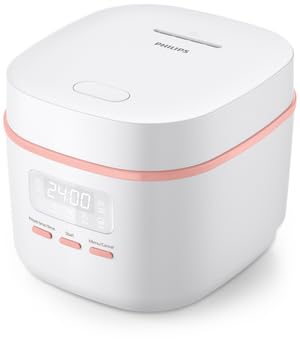 Philips 3000 Series HD3064/62 - Mini Rice Cooker Compact Size for Small Families 5 Auto Menus Bakuhanseki Coating Inner Pot Dual Temperature Sensor Fast Cooking White