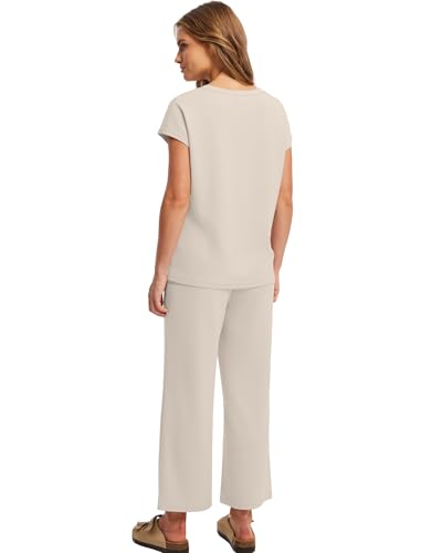 Image of Saloogoe Two Piece Sets for Women Summer Outfits Lounge Sets V Neck Tops Wide Leg Pants Woman Vacation Travel Outfits