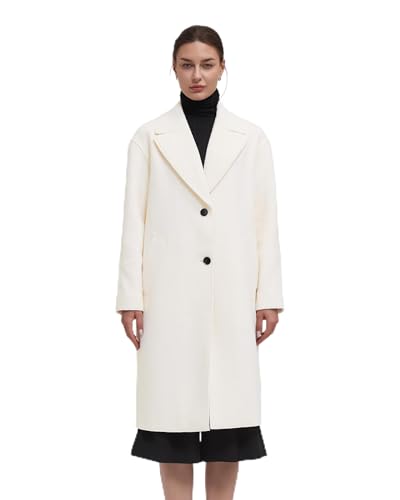 IKAZZ Winter Warm Coat for Women Womens Long Winter Classic Notch Lapel Single-Breasted Wool Coat Peacoat Fall Casual Button Long Trench Coat Jacket Outweat with Pockets White M