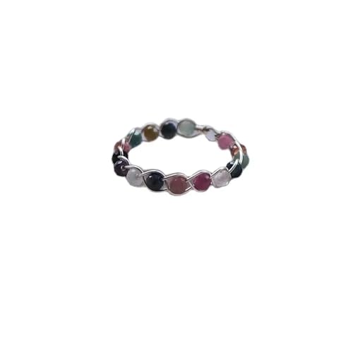 Tourmaline Amethyst Crystal Ring Handmade Silver Wire Wrap Beaded Braided Eternity Stackable Finger Ring Nature Stone Jewelry for Women Gift (tourmaline)