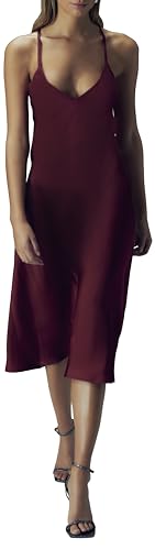 House of Silk Kadın İpeksi Saten Midi Boy Slip Elbise Bordo M