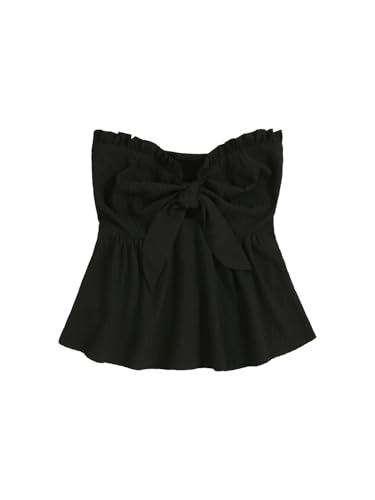 SOLY HUX Women's Frill Trim Tie Front Tube Top Sleeveless Strapless Ruffle Summer Tops