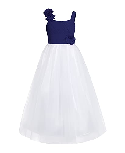 Freebily Enfant Long Robe Demoiselle d'honneur Soirée Fleur sans Manche Mousseline de Soie Robe Cocktail Fille Fleur Robe Cérémonie Mariage Pageant 4-16 Ans Bleu Marine 14 Ans