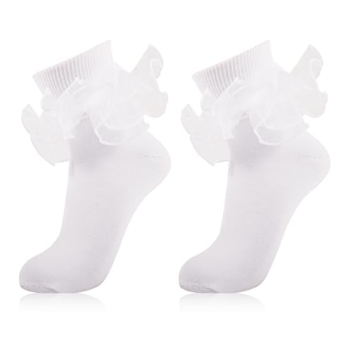 Image of Women Big Ruffle Ankle Socks Adult Double Lace Frilly Turn Cuff Dress Socks Cotton Cute Fancy Bobby Crew Socks
