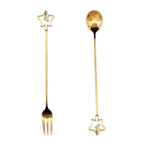 Garneck 2個 ステンレス製五角星デザイン和風カトラリー点入り コーヒースプーン デザートフォーク キッチン用品 家用パーティー対応