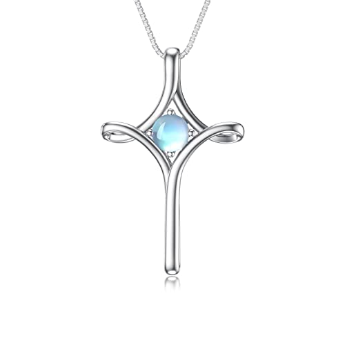 TOUPOP Moonstone Cross Necklace for Women Sterling Silver June Birthstone Necklace Religious Cross Pendant Baptism Jewelry Christmas Birthday Gifts for Wife Mom Her